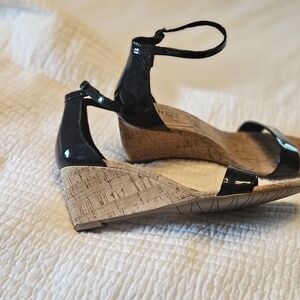 Navy Patent Leather Wedge Sandals